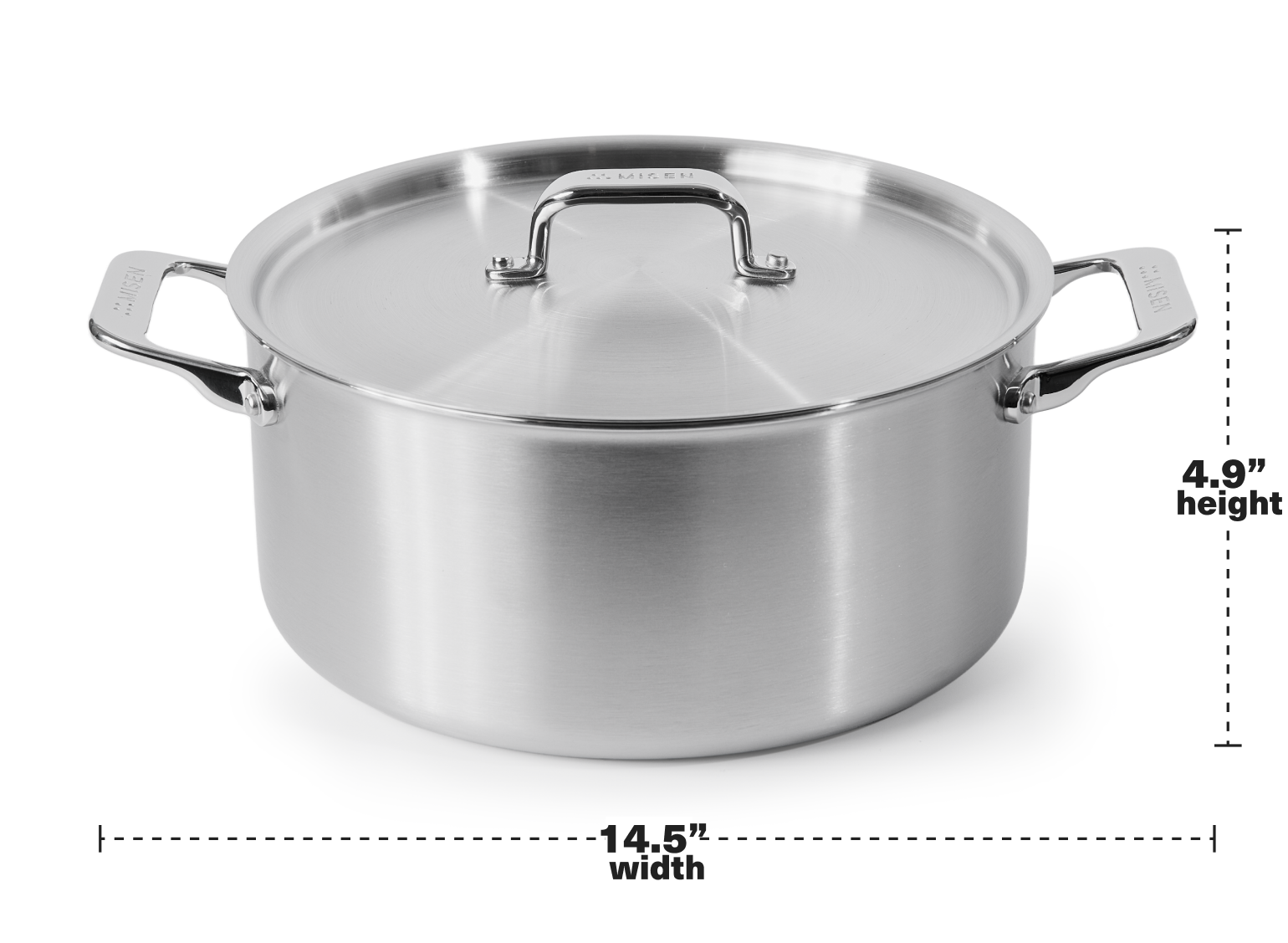 The Misen Stainless Steel Dutch Oven is 14.5" wide and 4.9" tall.