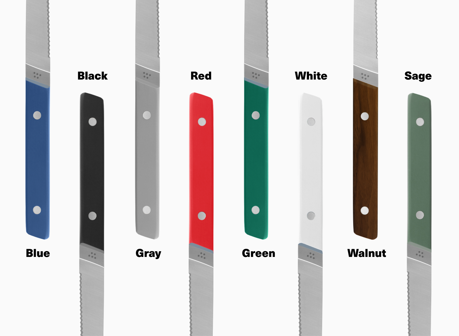 Serrated knife blades with eight labeled handles: Blue, Black, Gray, Red, Green, White, Walnut, Sage.