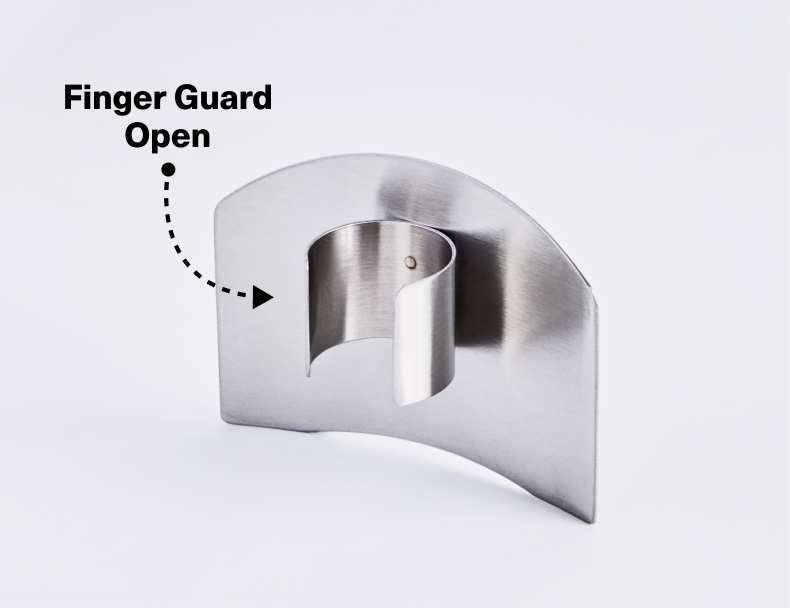 A close-up of a stainless steel finger guard, shown at an angle against a white background. The text "Finger Guard Open" with a dashed line and an arrow points toward the piece, which has a half-circle guard and a ring for the finger to secure it.