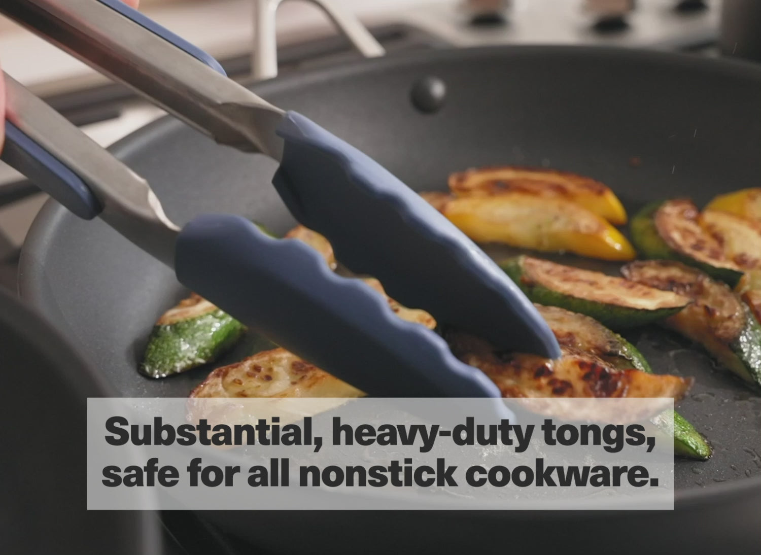 Substantial, heavy-duty tongs, safe for all nonstick cookware.
