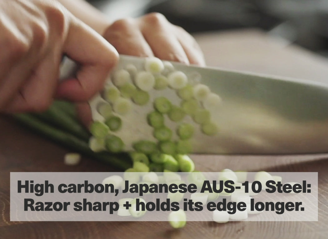 High carbon, Japanese AUS-10 Steel: Razor sharp + holds its edge longer.