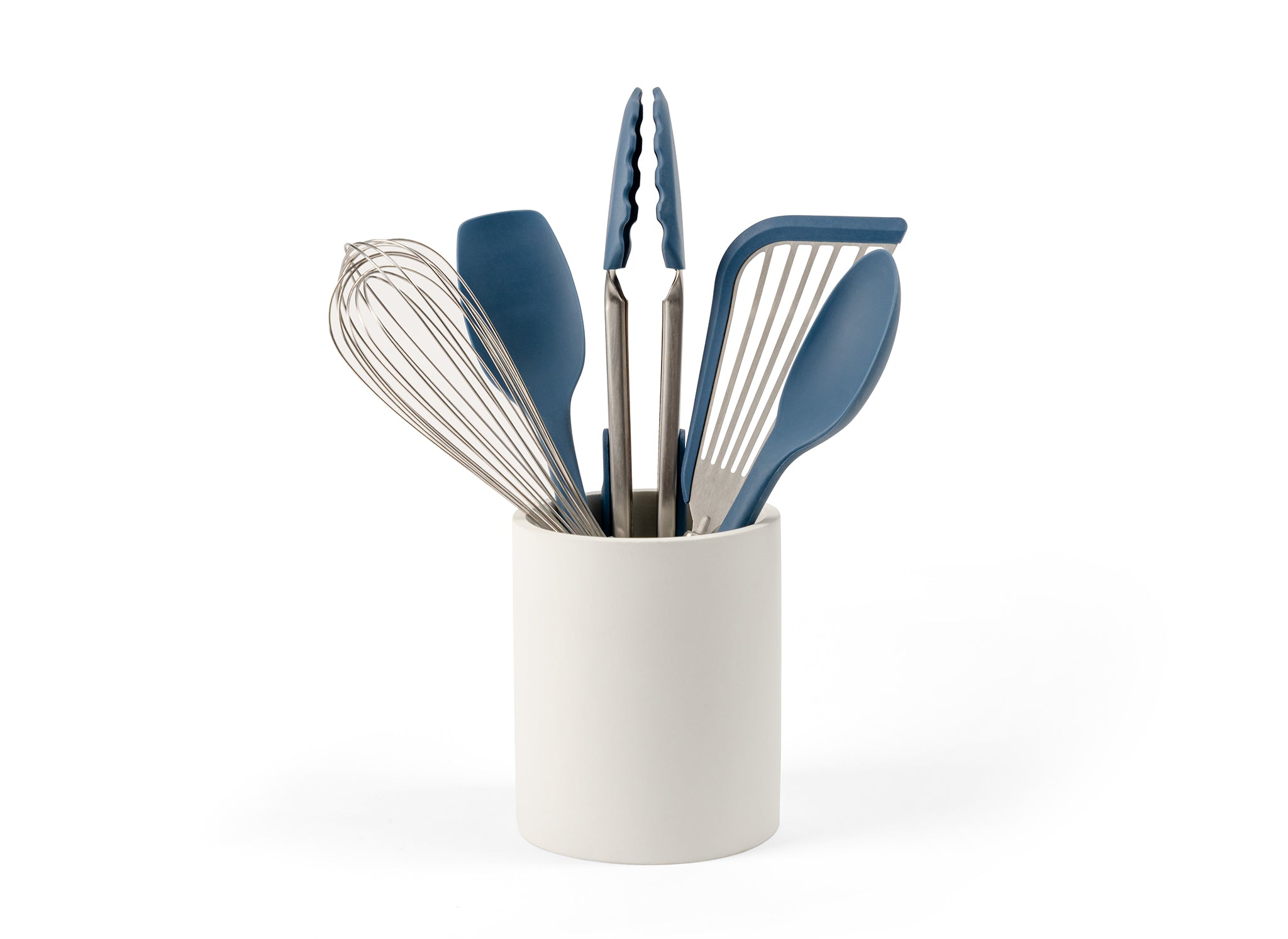 A White Misen Prep Tool Holder containing a Blue 5-Piece Misen Prep Tool Set on a white background.